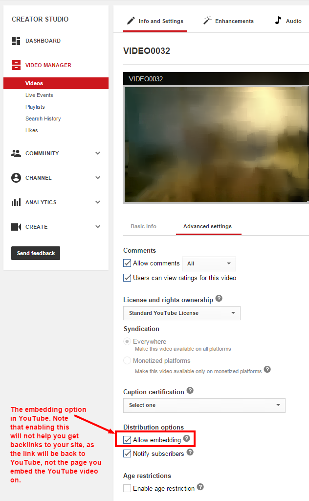 YouTube allow embedding screenshot